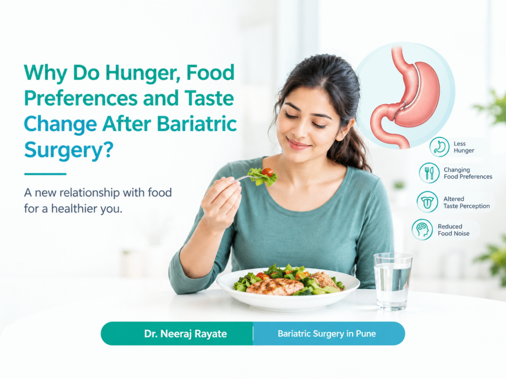 Changes in hunger, taste and food preferences after bariatric surgery, including reduced appetite, early fullness and food cravings.