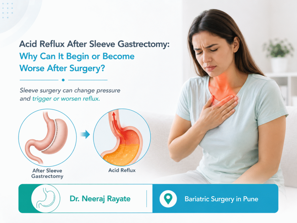 Acid reflux after sleeve gastrectomy showing stomach contents flowing back into the oesophagus